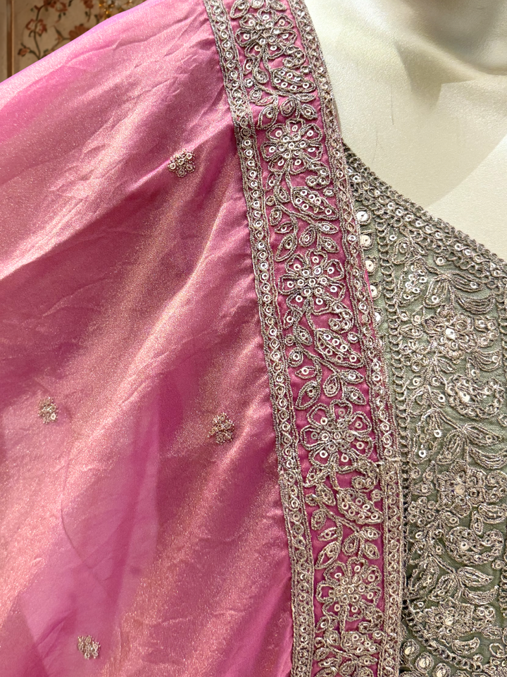 Sage Green Silk Anarkali Kurta Set with Zari & Sequin Floral Embroidery & Pink Tissue Dupatta