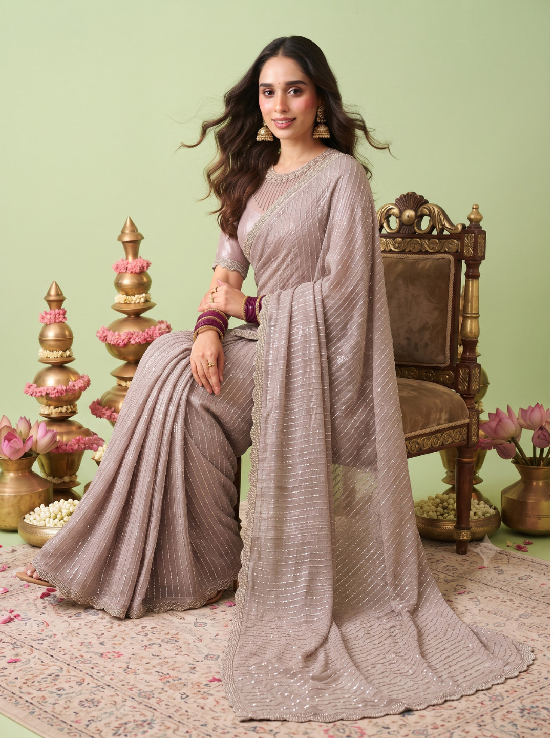 Crushed Tissue Saree with Silver Sequin Line Work & Scalloped Lace Border