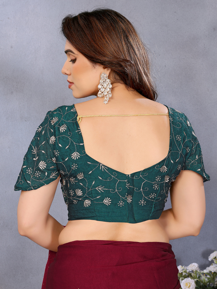 Maroon Sequin Embroidered Scalloped Border Saree with Green Embroidered Blouse