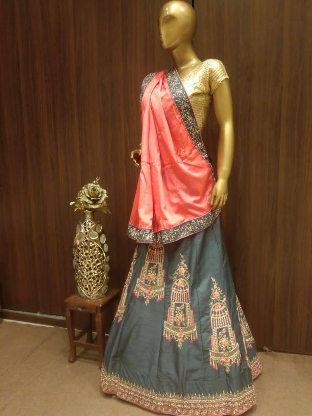Grey Semi-Stitched Silk Lehenga Set with Contrast Crepe Dupatta & Resham Embroidery