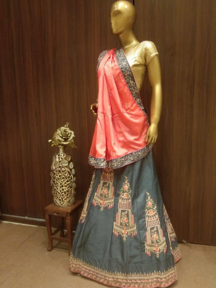 Grey Semi-Stitched Silk Lehenga Set with Contrast Crepe Dupatta & Resham Embroidery