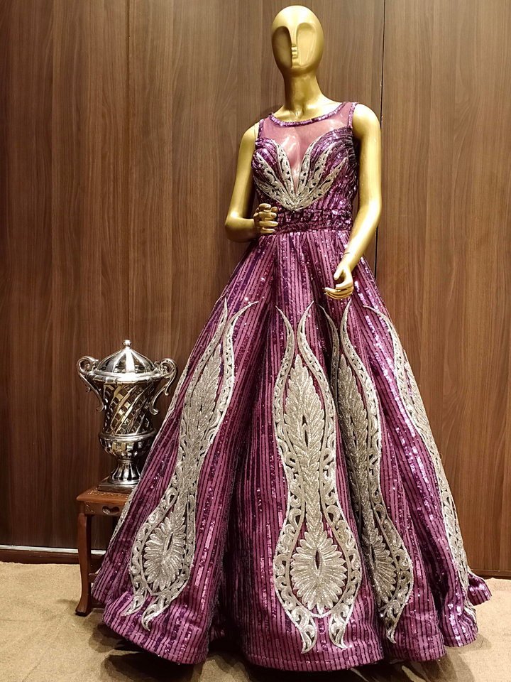 Deep Wine Sequence Hand Embellished Gown with Gold Zari Ethnic Motifs