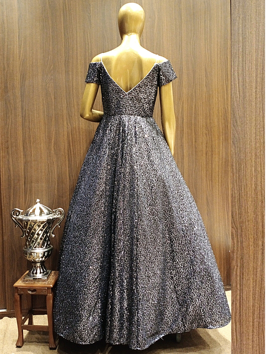 Flared Sequenced Metallic Lycra Gown with Off shoulder Neckline