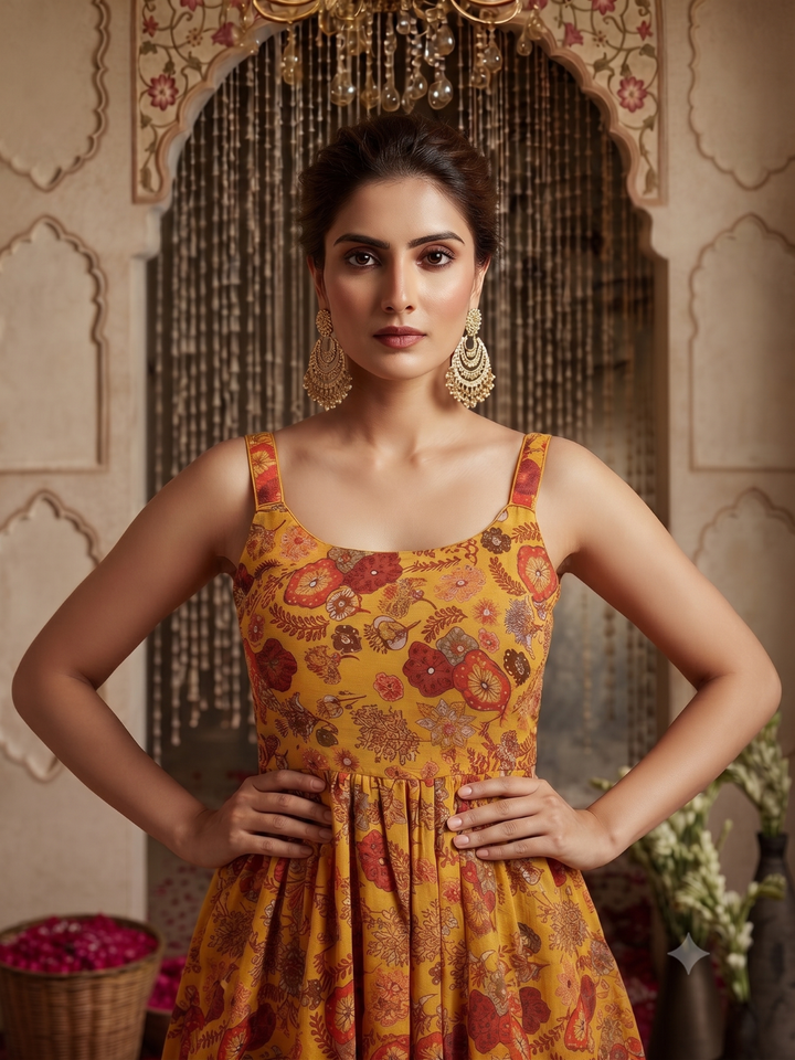 Floral Printed Peplum Top with Sharara Pants Set in Mustard Yellow