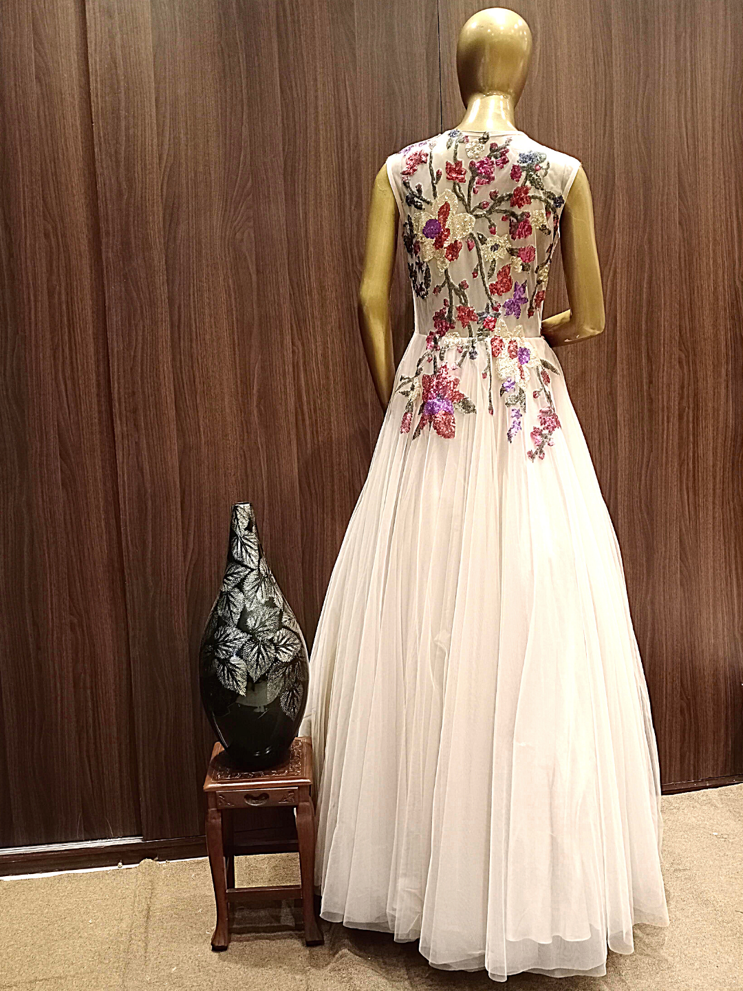 Nude Pink Flared Net Gown With Floral Multicolor Sequin Embroidery