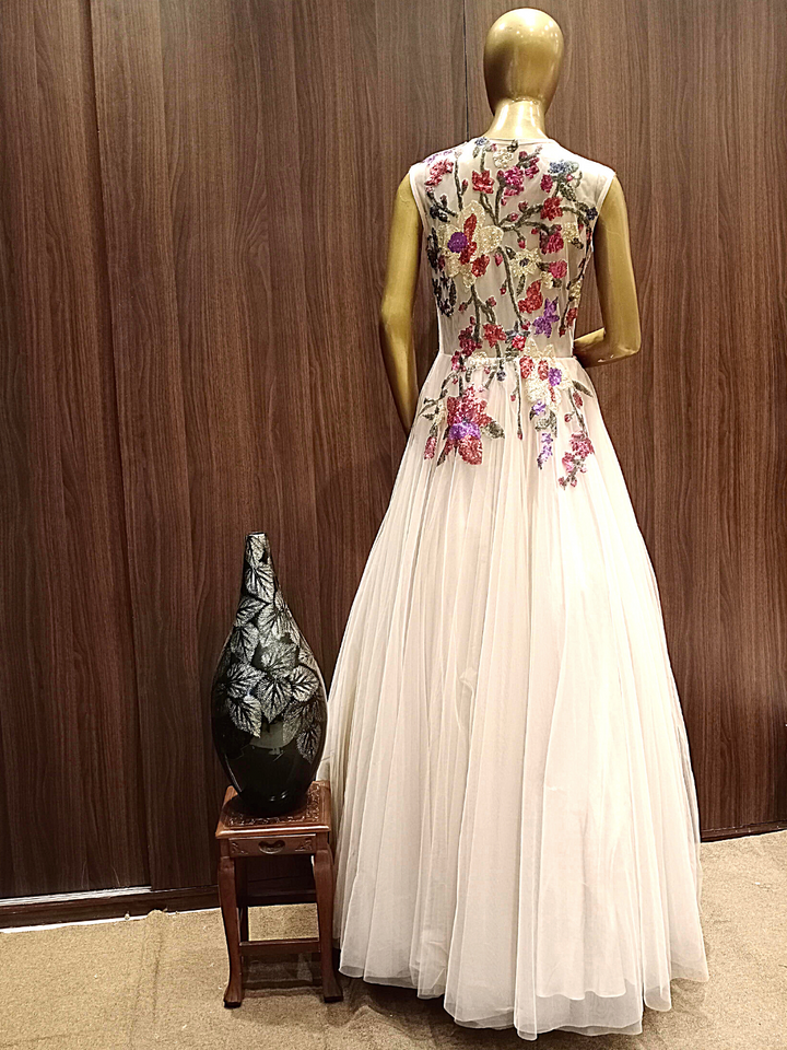 Nude Pink Flared Net Gown With Floral Multicolor Sequin Embroidery