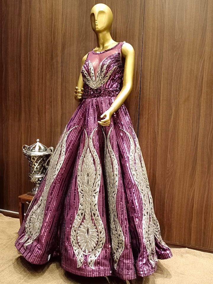 Deep Wine Sequence Hand Embellished Gown with Gold Zari Ethnic Motifs