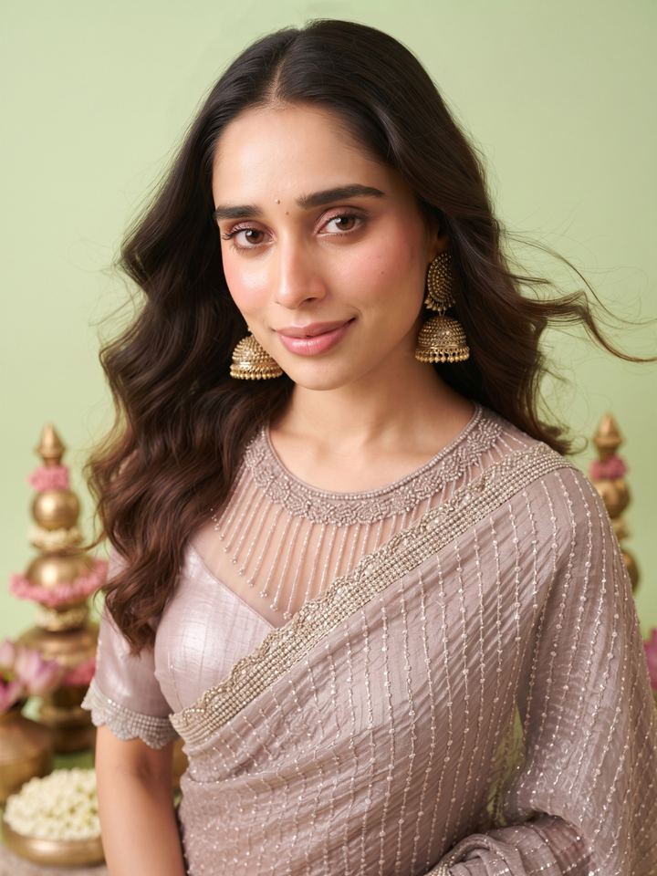 Crushed Tissue Saree with Silver Sequin Line Work & Scalloped Lace Border