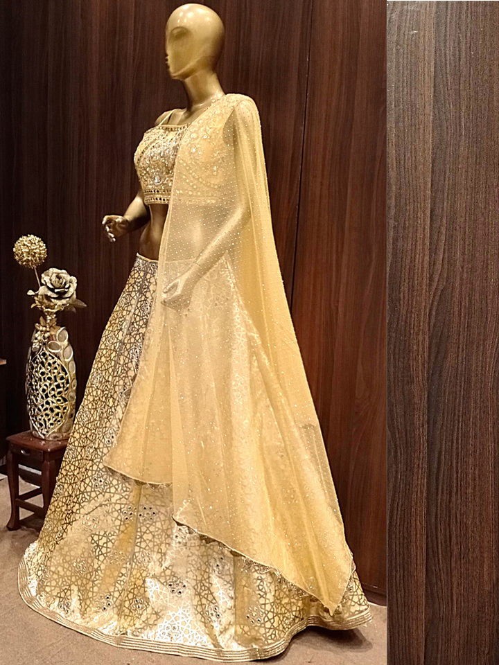Yellow Benarasi Geometrical Pattern Lehenga Set With Mirror Work