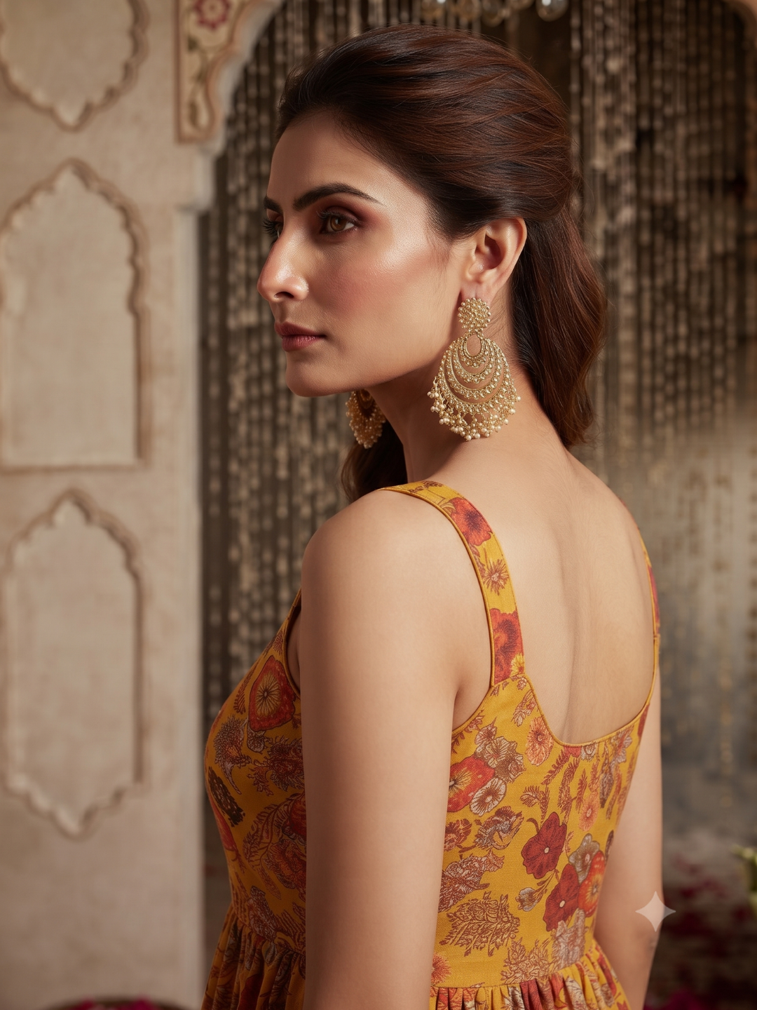 Floral Printed Peplum Top with Sharara Pants Set in Mustard Yellow