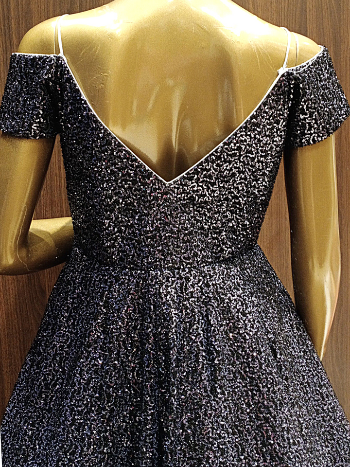 Flared Sequenced Metallic Lycra Gown with Off shoulder Neckline