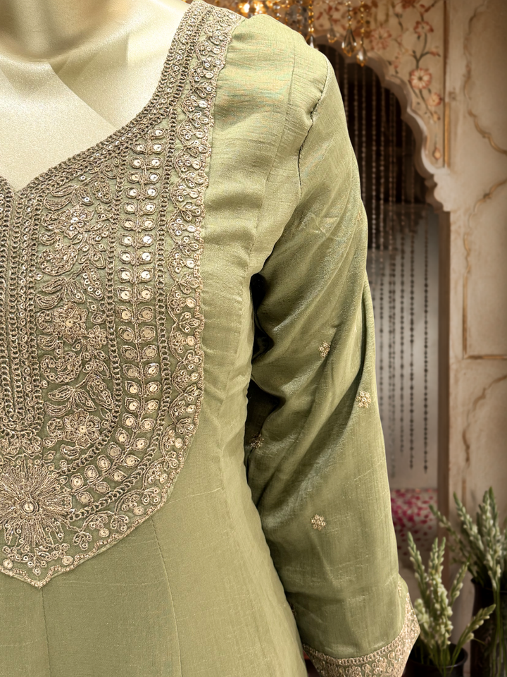 Sage Green Silk Anarkali Kurta Set with Zari & Sequin Floral Embroidery & Pink Tissue Dupatta