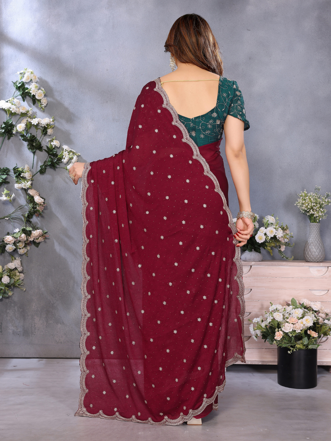 Maroon Sequin Embroidered Scalloped Border Saree with Green Embroidered Blouse