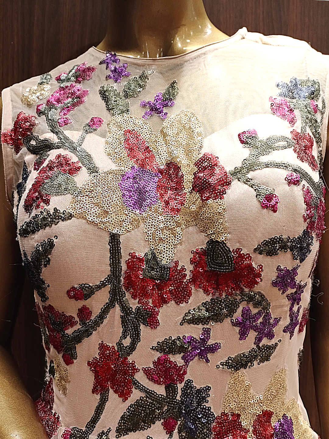 Nude Pink Flared Net Gown With Floral Multicolor Sequin Embroidery