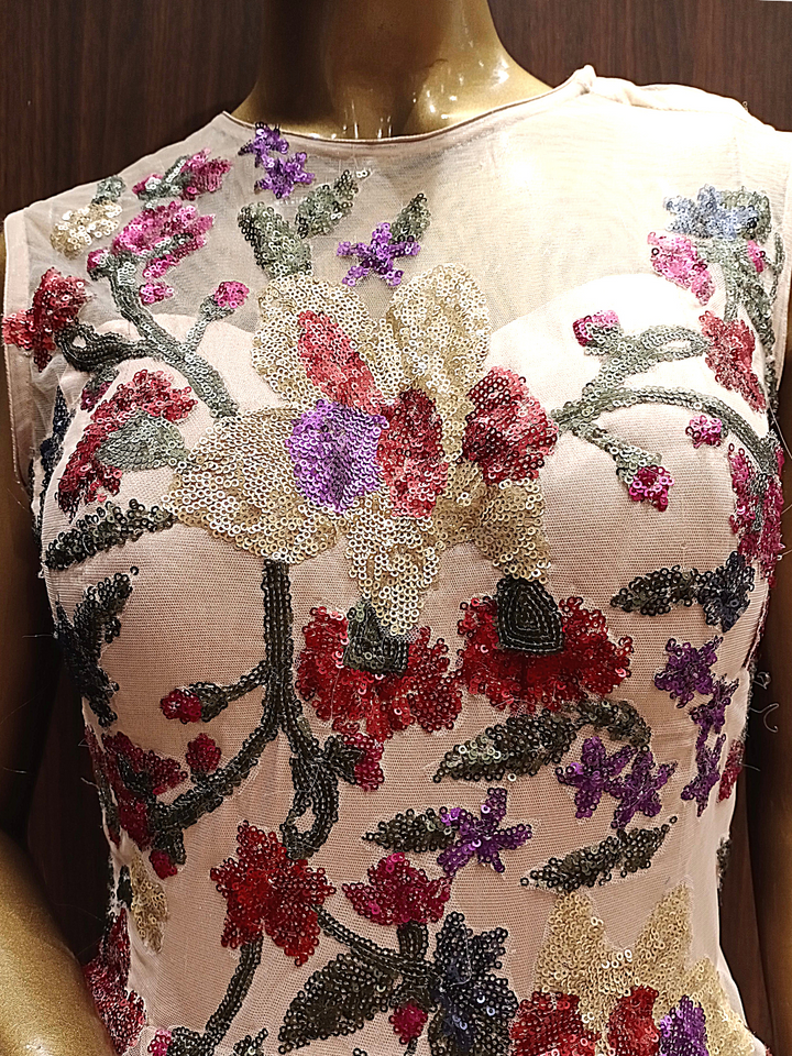 Nude Pink Flared Net Gown With Floral Multicolor Sequin Embroidery