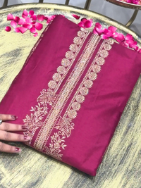 Magenta Zari Woven Palace Motif Dress Material with Dupatta