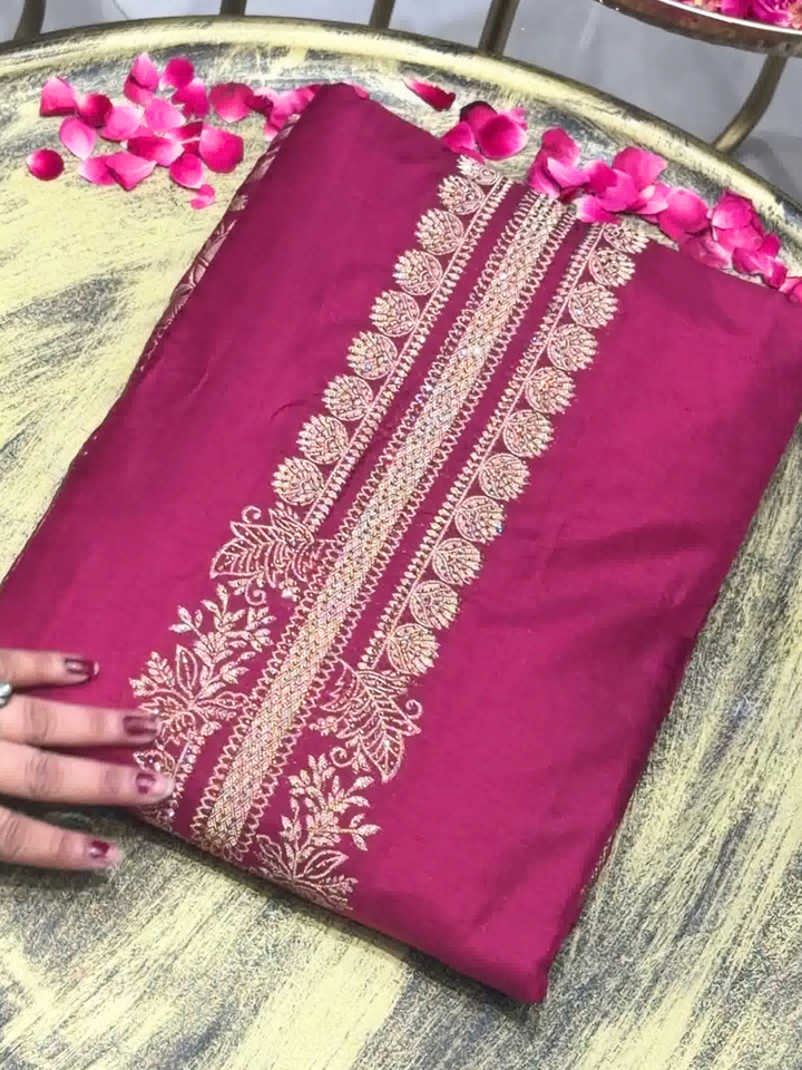Magenta Zari Woven Palace Motif Dress Material with Dupatta