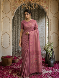 Dusty Pink Banarasi Silk Saree with Zari Woven Floral Jaal & Meenakari Geometric Border with Floral Medallion Pallu