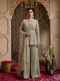 Pearl & Sequin Embroidered Jacket Blouse with Palazzo Set in green