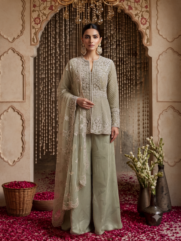 Pearl & Sequin Embroidered Jacket Blouse with Palazzo Set in green