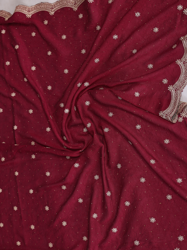 Maroon Sequin Embroidered Scalloped Border Saree with Green Embroidered Blouse