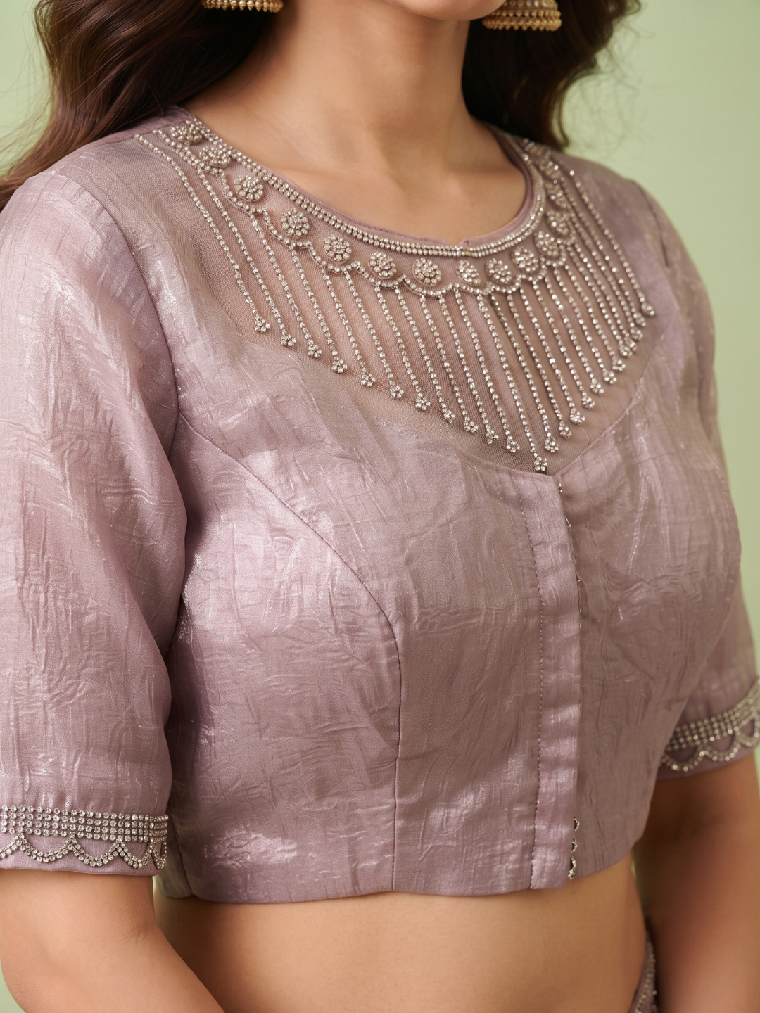 Crushed Tissue Saree with Silver Sequin Line Work & Scalloped Lace Border