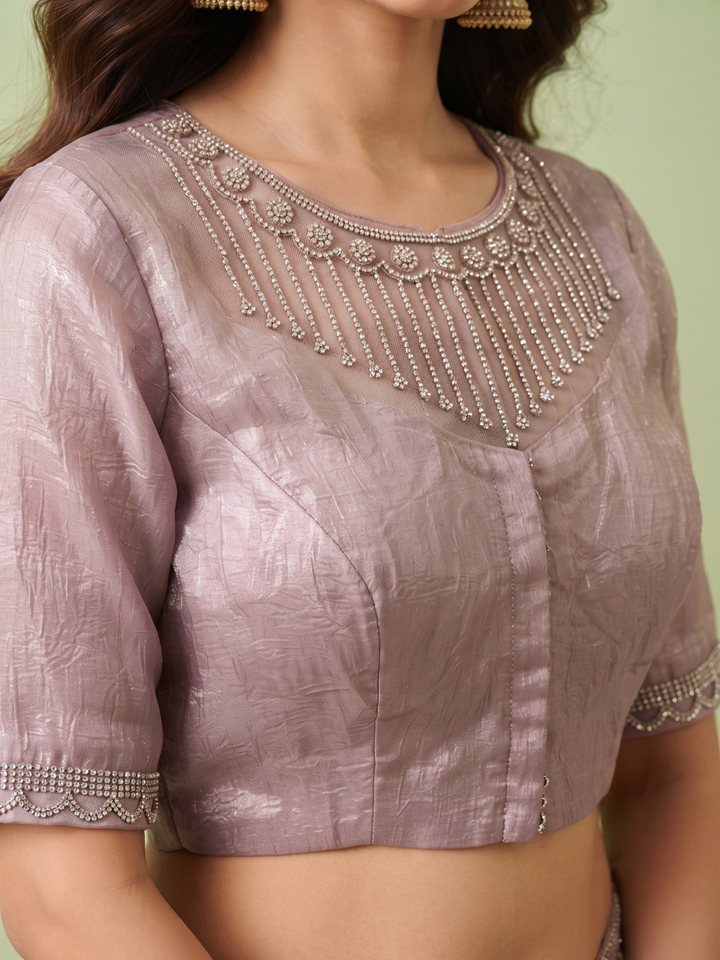 Crushed Tissue Saree with Silver Sequin Line Work & Scalloped Lace Border