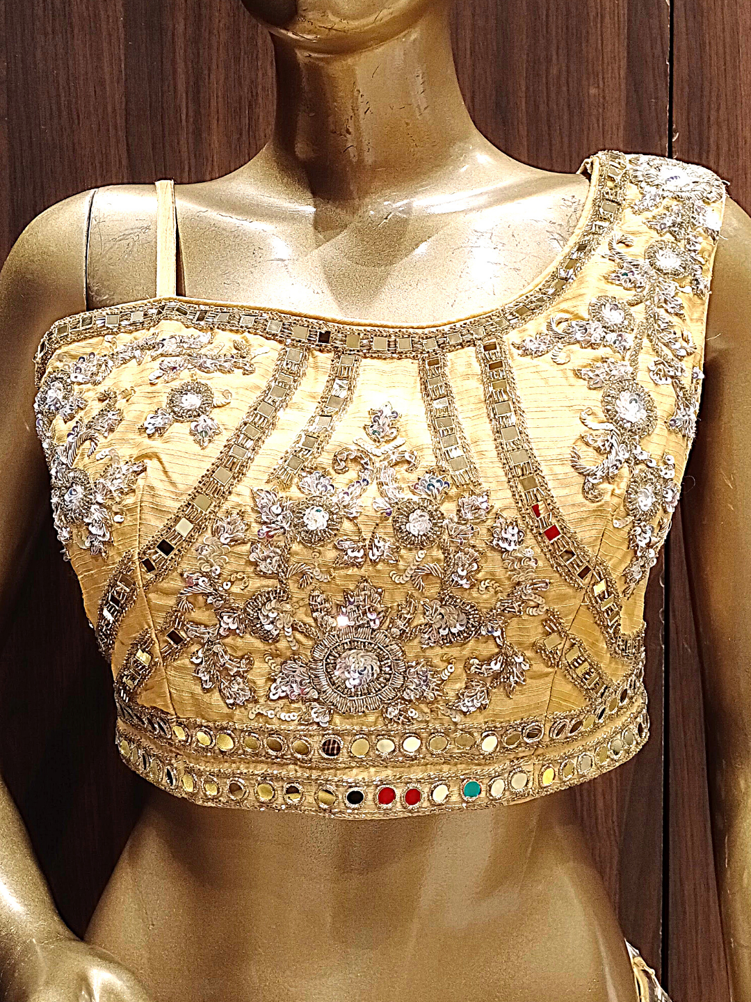 Yellow Benarasi Geometrical Pattern Lehenga Set With Mirror Work