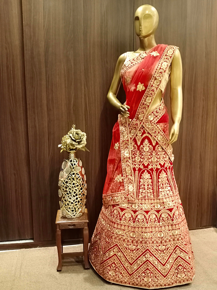 Heavy Stylised Semi-stitched Bridal Lehenga with Gold Zari Embroidery