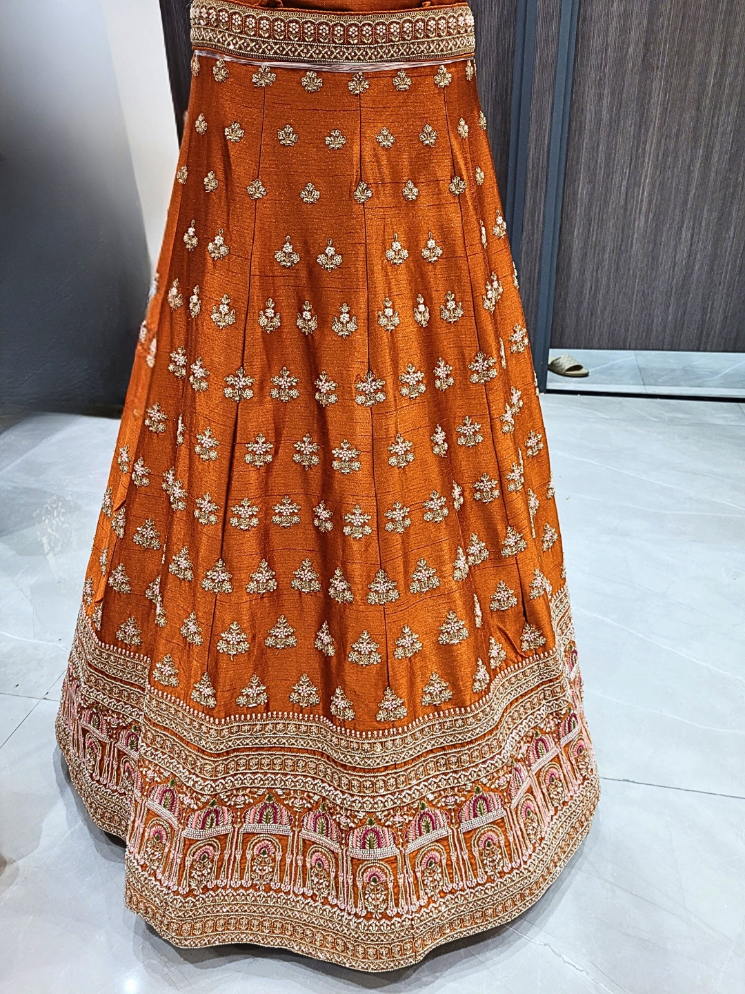 Zari, Mirror, Beads & Sequins Worked Embroidered Lehenga with unstitched blouse & Dupatta