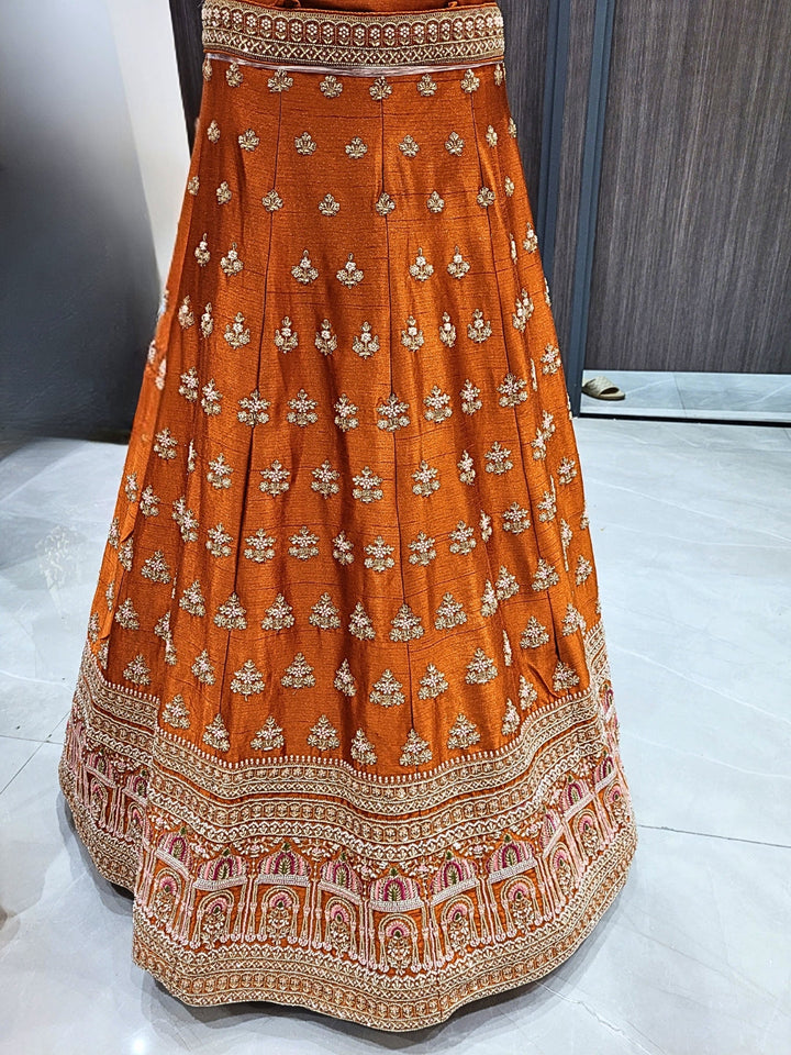 Zari, Mirror, Beads & Sequins Worked Embroidered Lehenga with unstitched blouse & Dupatta