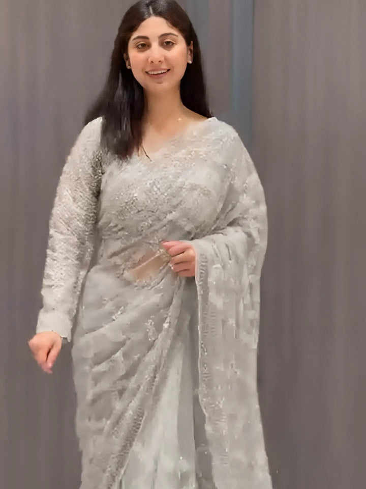 Elegant Silver Grey Embroidered Net Saree with Sequin Work & Full Sleeve Blouse
