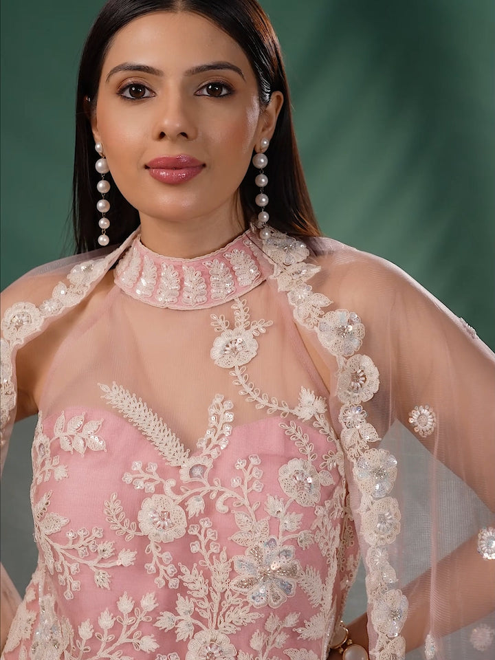 Thread Embroidered & Sequins Sharara Suit Set with  Embellished Dupatta