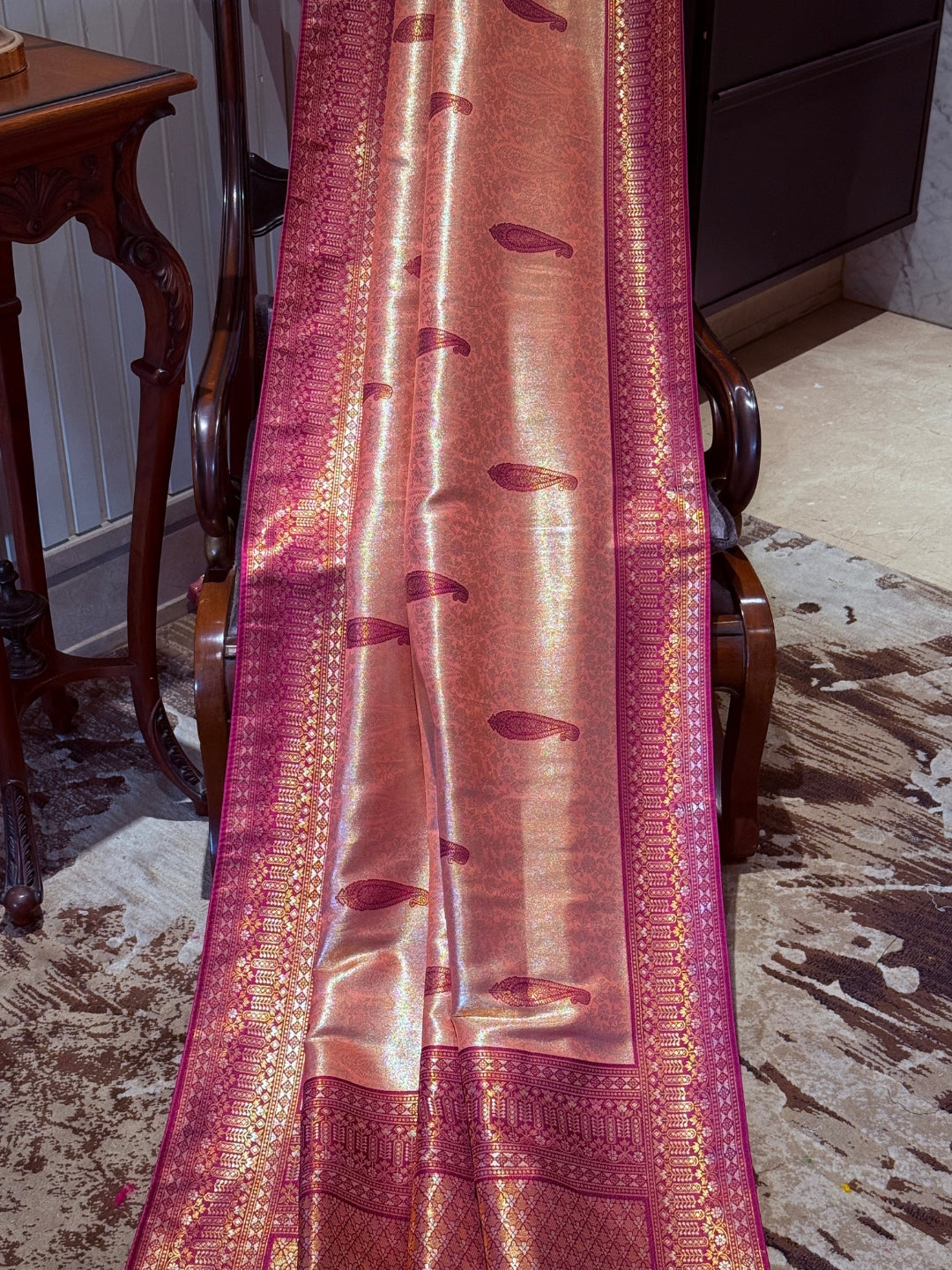 Rose Gold Banarasi Art Silk Saree with Magenta Zari Border & Paisley Butta, Tassel Pallu
