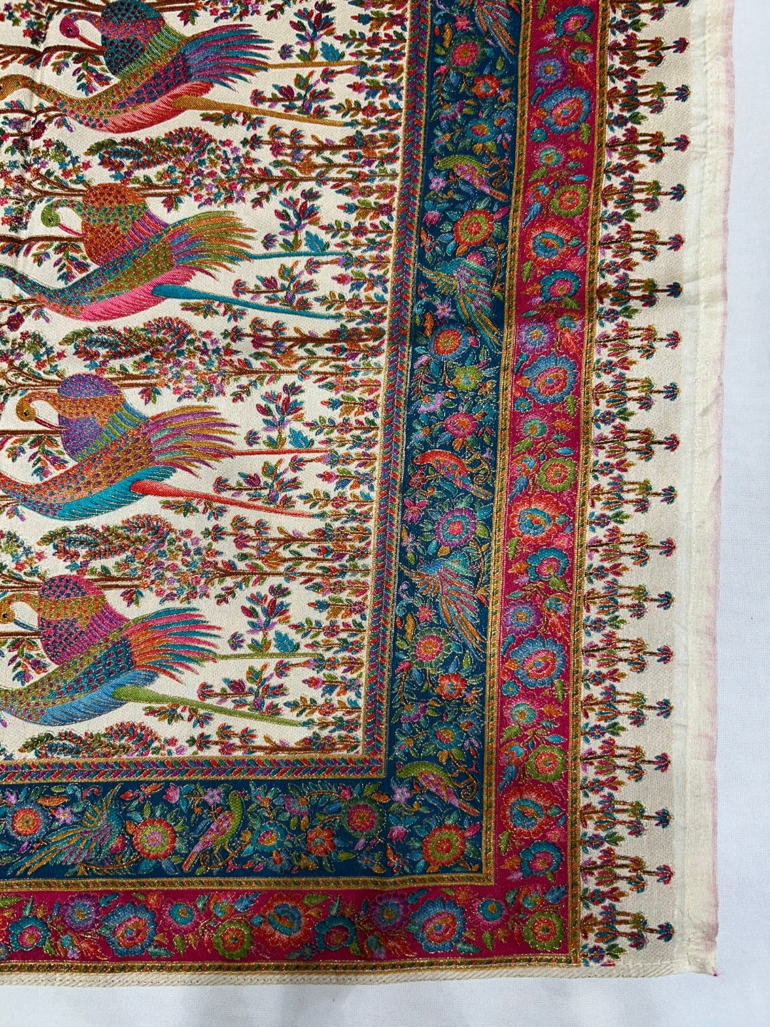 Off-White Banarasi Meenakari Silk Saree with Multicolour Bird Jaal & Contrast Pallu