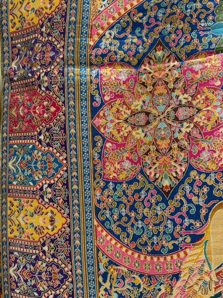 Olive Green Banarasi Meenakari Silk Saree with Shikargah Figures & Contrast Border