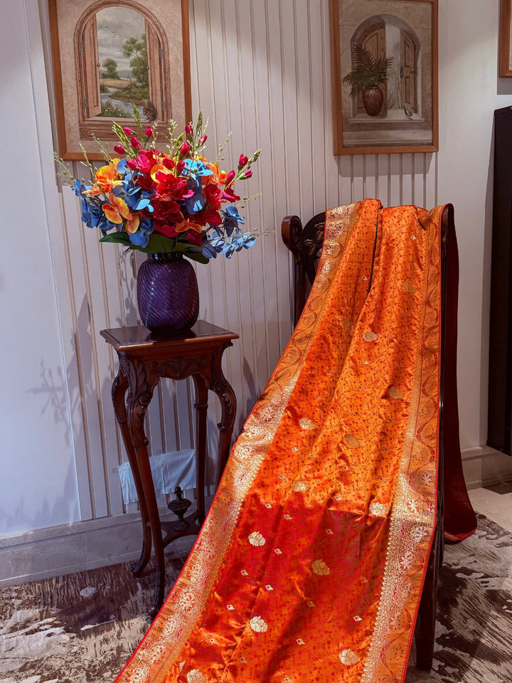 Zari Woven Saree with Gold Floral Motifs and Traditional Brocade Border