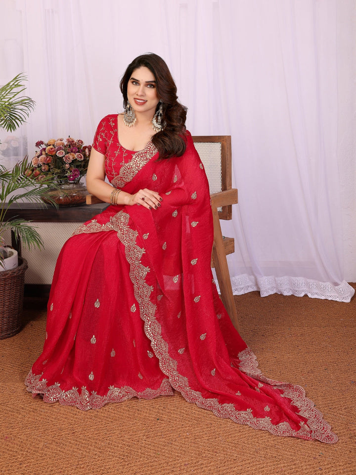 Embellished Saree with Heavy Scalloped Zari Border and Matching Embroidered Blouse