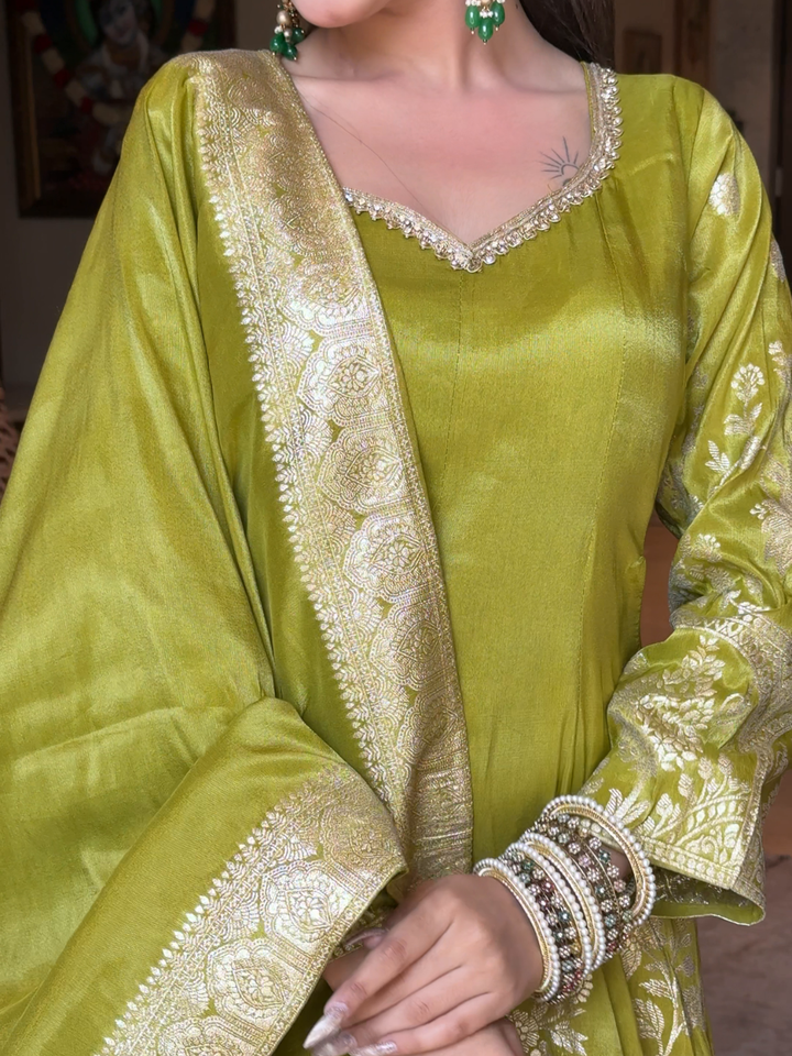 Banarasi Silk Kurta Set with Zari Woven Floral Border, Polka Dot Palazzo & Dupatta