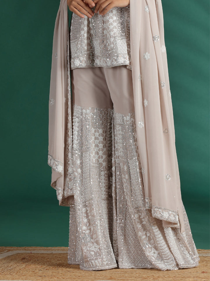 Sequin Embroidered Short Kurta with Flared Sharara and Dupatta Set