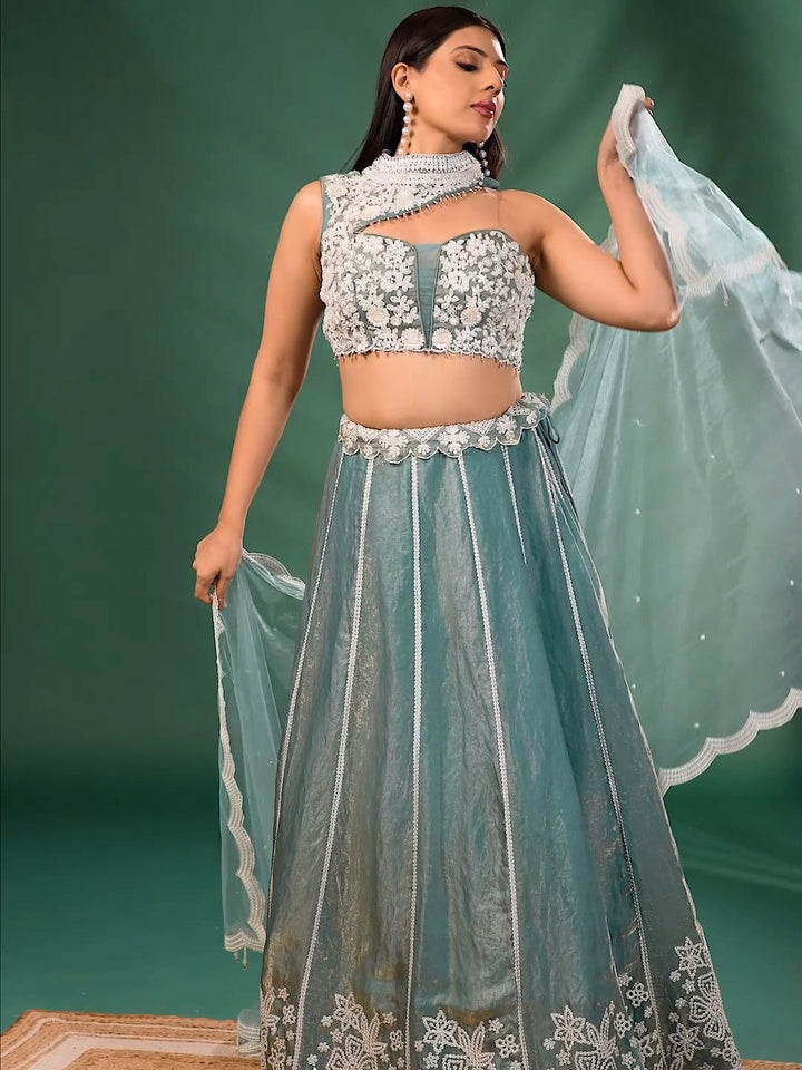 Floral Embroidered Lehenga Choli with Scallop Dupatta and Statement Neck Design