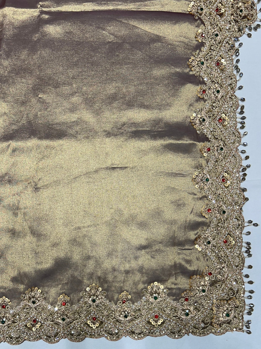 Olive Gold Silk Saree with Heavy Pearl, Zardozi & Stone Embroidered Scalloped Border