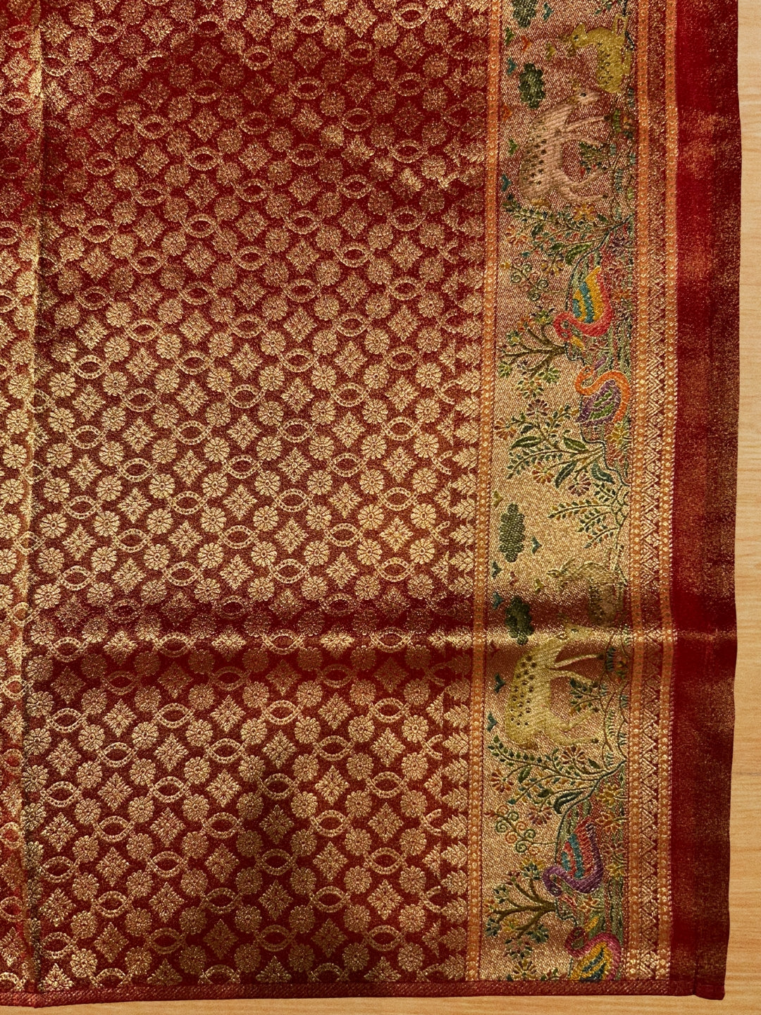 Golden Beige Shikargah Banarasi Silk Saree with Forest Scene Pallu & Red Zari Brocade