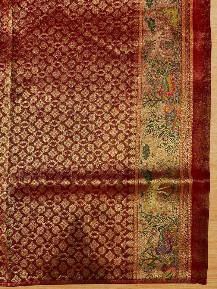Golden Beige Shikargah Banarasi Silk Saree with Forest Scene Pallu & Red Zari Brocade