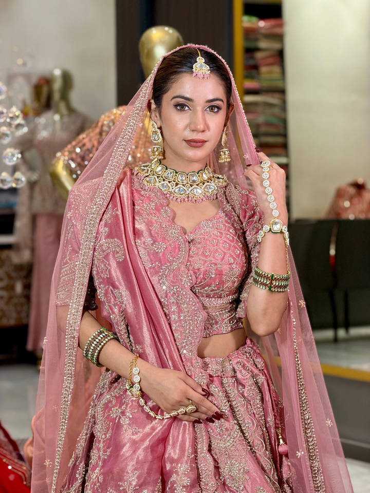 ilk Heavy Zari & Sequin Embroidered Paisley & Floral Jaal Lehenga Choli with Net Dupatta in Dusty Pink