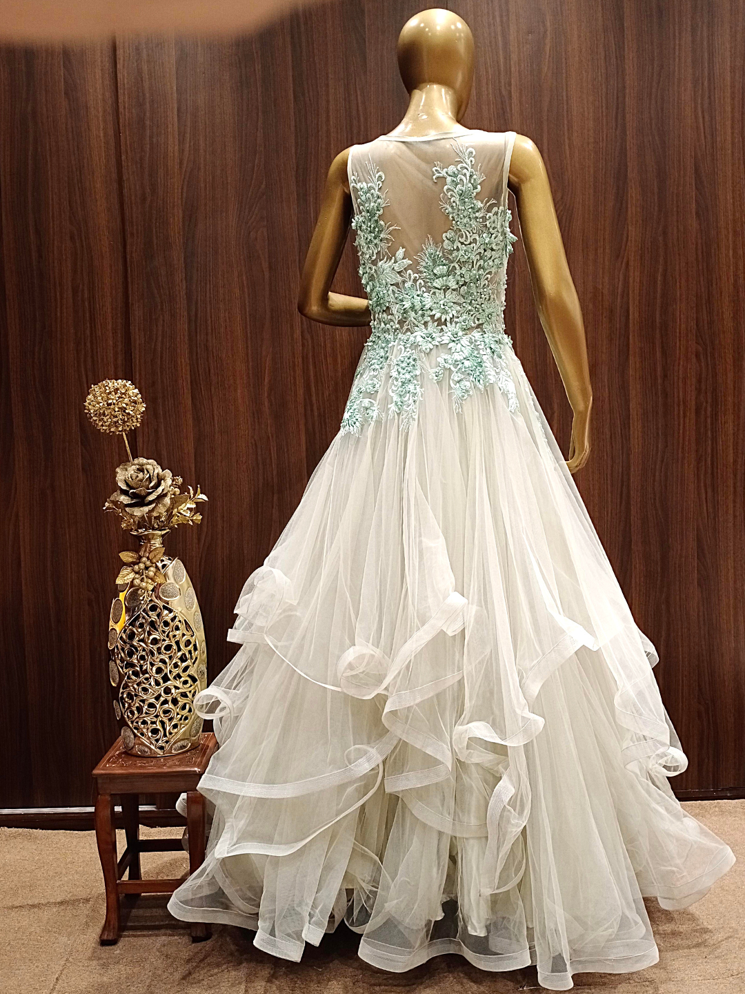 Pastel Green Ruffled Net Gown with Pearl,Thread Embroidery and Layering