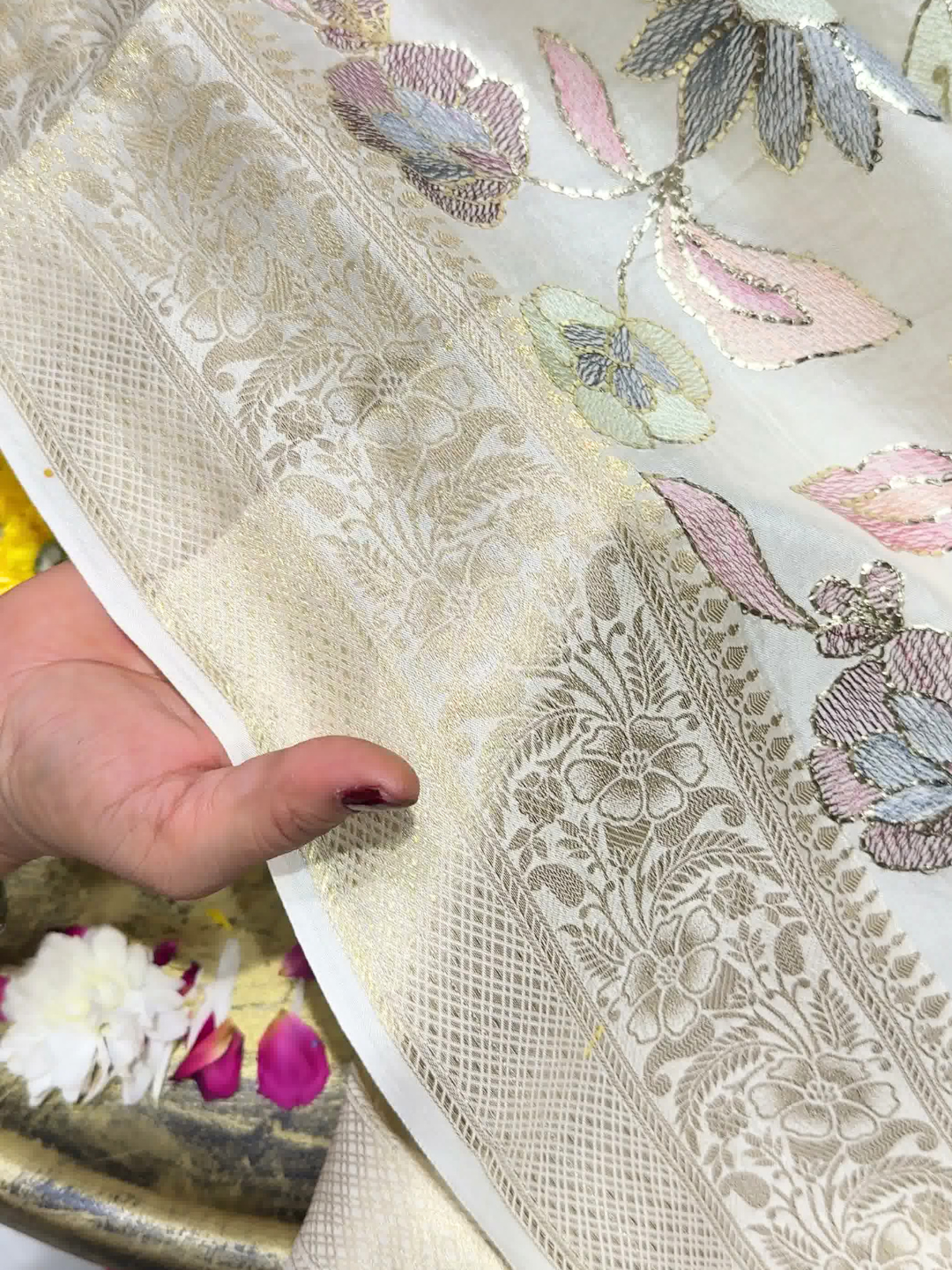 Off White Banarasi Silk Saree with Floral Embroidery and Zari Woven Border