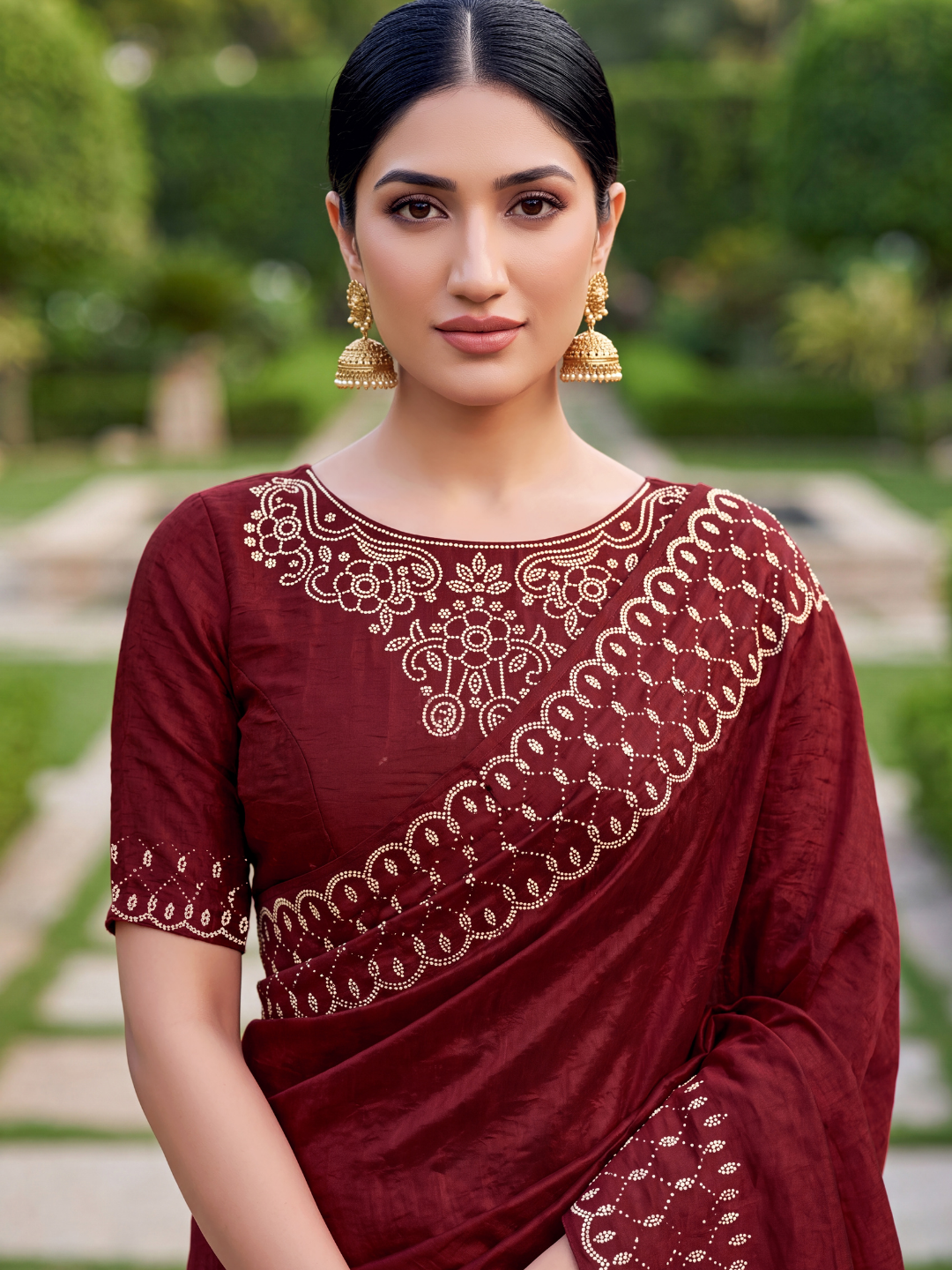 Maroon Sequin Embroidered Scalloped Border Saree with Embroidered Blouse peice