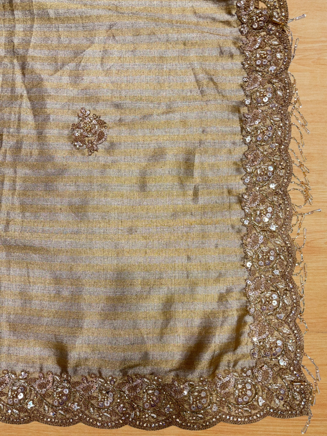 Art silk lehenga set with heavy zari, sequin embroidery & scalloped dupatta.