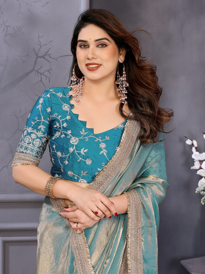 Shimmer Saree with Gold Lace Border & Teal Floral Thread Embroidered Blouse